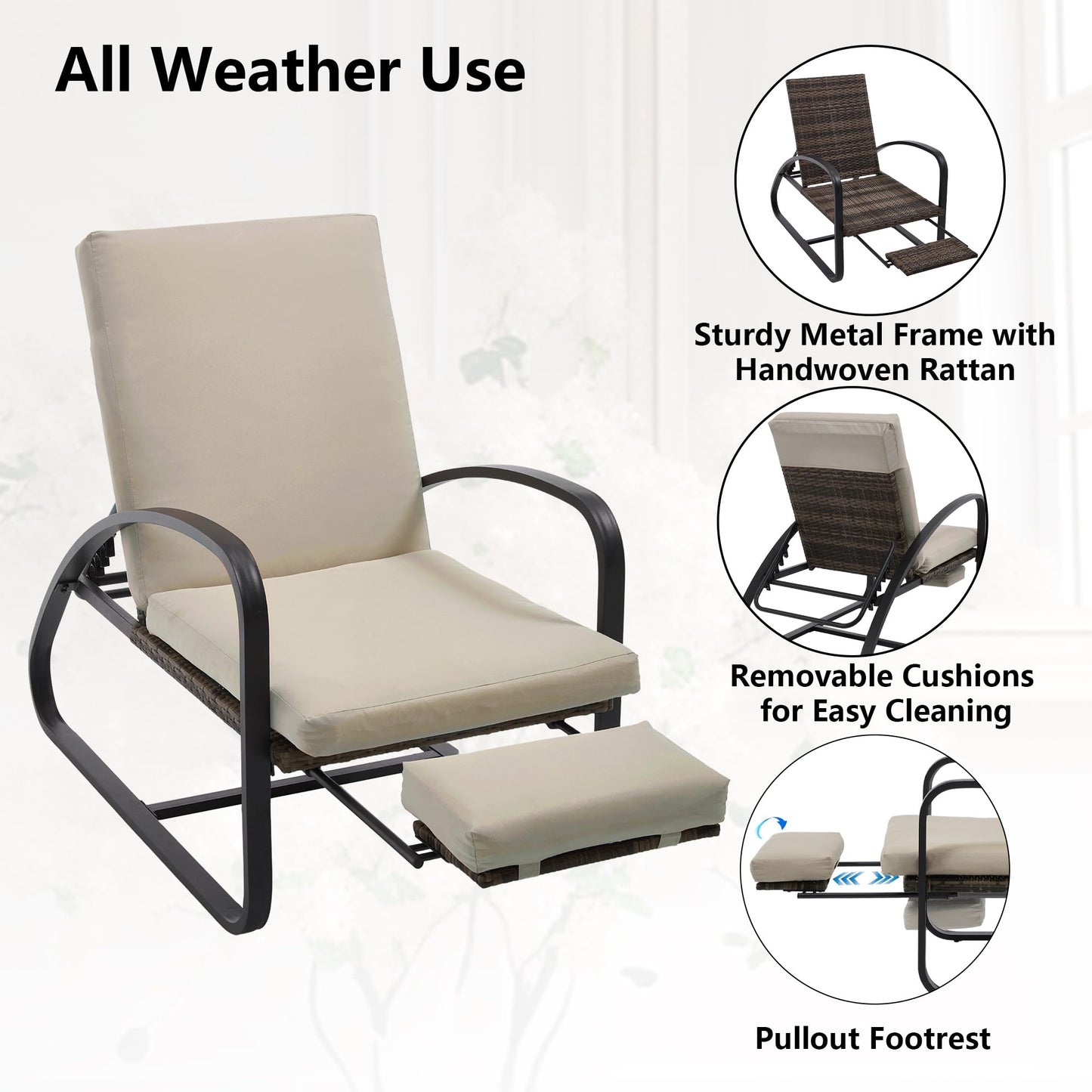 DAYARUS 3 Piece Patio Furniture Set, Modern Patio Chaise Lounge Chairs, 5-Position Adjustable Bistro Set Balcony Furniture, Metal Patio Chairs with Coffee Table, Pool Lounge Chair for Deck, Khaki