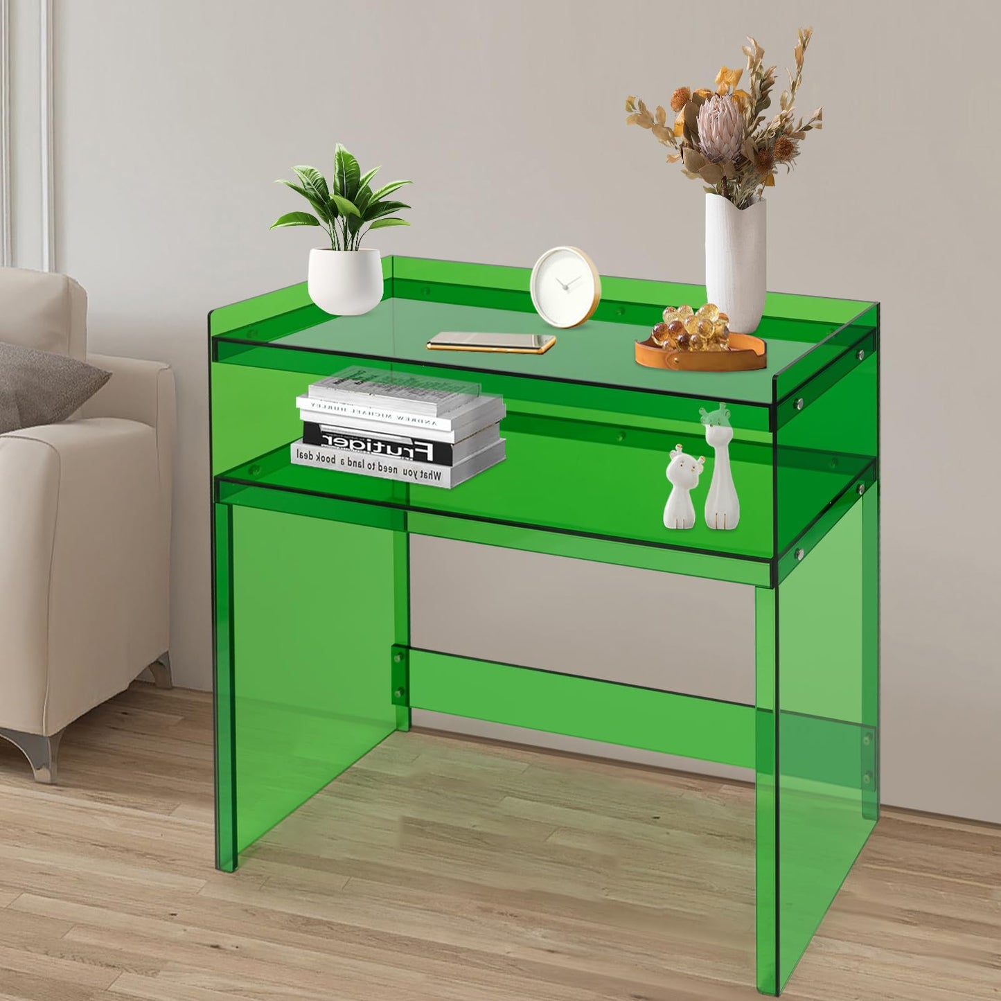 BuufuS Acrylic Console Table, Modern Narrow Sofa Console Tables with 2 Tier Storage Shelves Skinny Entryway Clear Table 39.5" Wx12 Dx 31.5" H for Sofa Foyer Hallway Living Room Entry (Green)