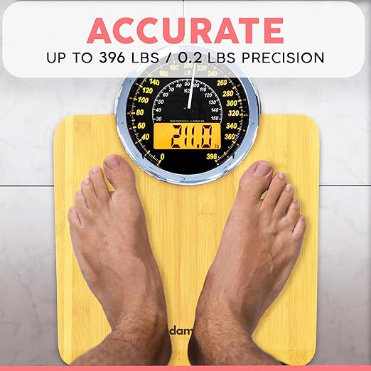 Adamson Hybrid 2-in-1 Analog & Digital Weighing Scale for Body Weight up to 400lbs + Thick Tempered Glass + Extra Large Display + Easy to Read Digital Bathroom Scale + New - Wood