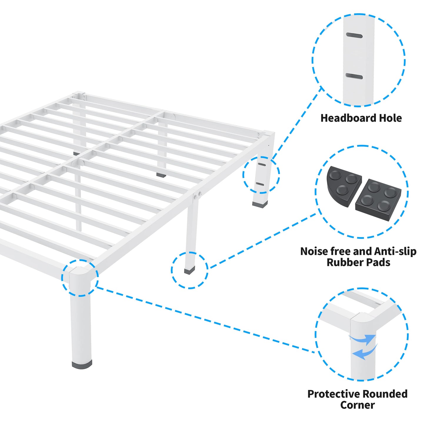 ROIL 14 Inch White Full Size Bed Frame with Rounded Corner and Headboard Hole Mattress Retainers 3500LBS Heavy Duty Steel Slats No Box Spring Needed Platform Noise-Free Easy Assembly