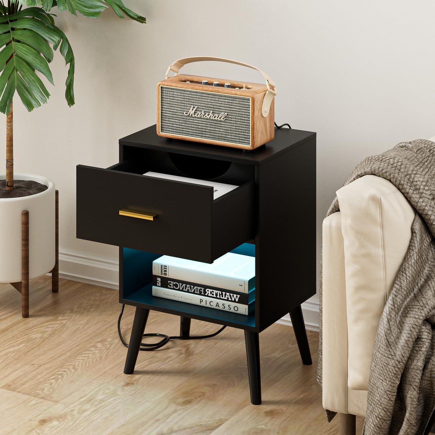 Aienvey Nightstand with Charging Station and LED Lights, Small Side Table, Bedside Table with Drawer, Modern Night Stand, End Table for Bedroom, Living Room (Black)