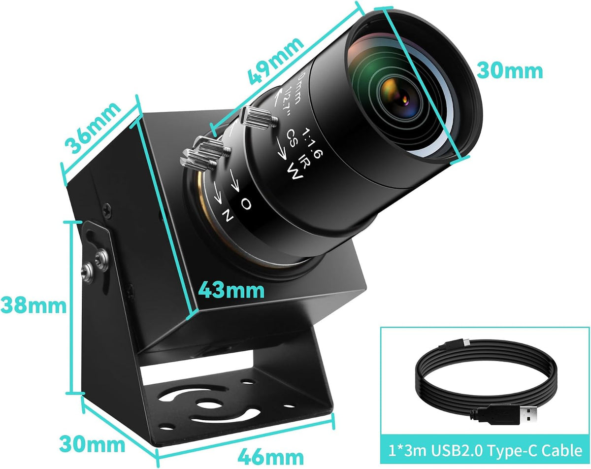 MMlove 1200P USB Camera, 10X Optical Zoom Webcam with 5-50mm Manual Focus Lens,90fps Global Shutter High Speed Camera,for Windows/Mac/Linux/Android, Conferencing/Streaming
