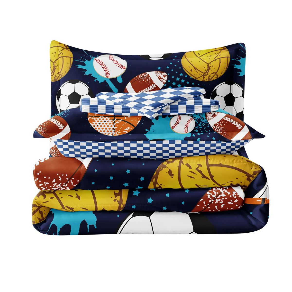 Leaflin Kids Boys Comforter Set Twin Bed in a Bag w/Sheet Sets, Blue Twin Bedding Sets for Teens Soccer Basketball Baseball Football Sports Themed Bedroom Decor Reversible Design