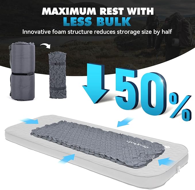 Hikenture 4" Thick Self Inflating Sleeping Pad, Ultralight Foam Camping Mattress, 9.5 R-Value Insulated Sleeping Mat with Pump Sack, Portable All Season Camping Pad for Tent, Car, Cot