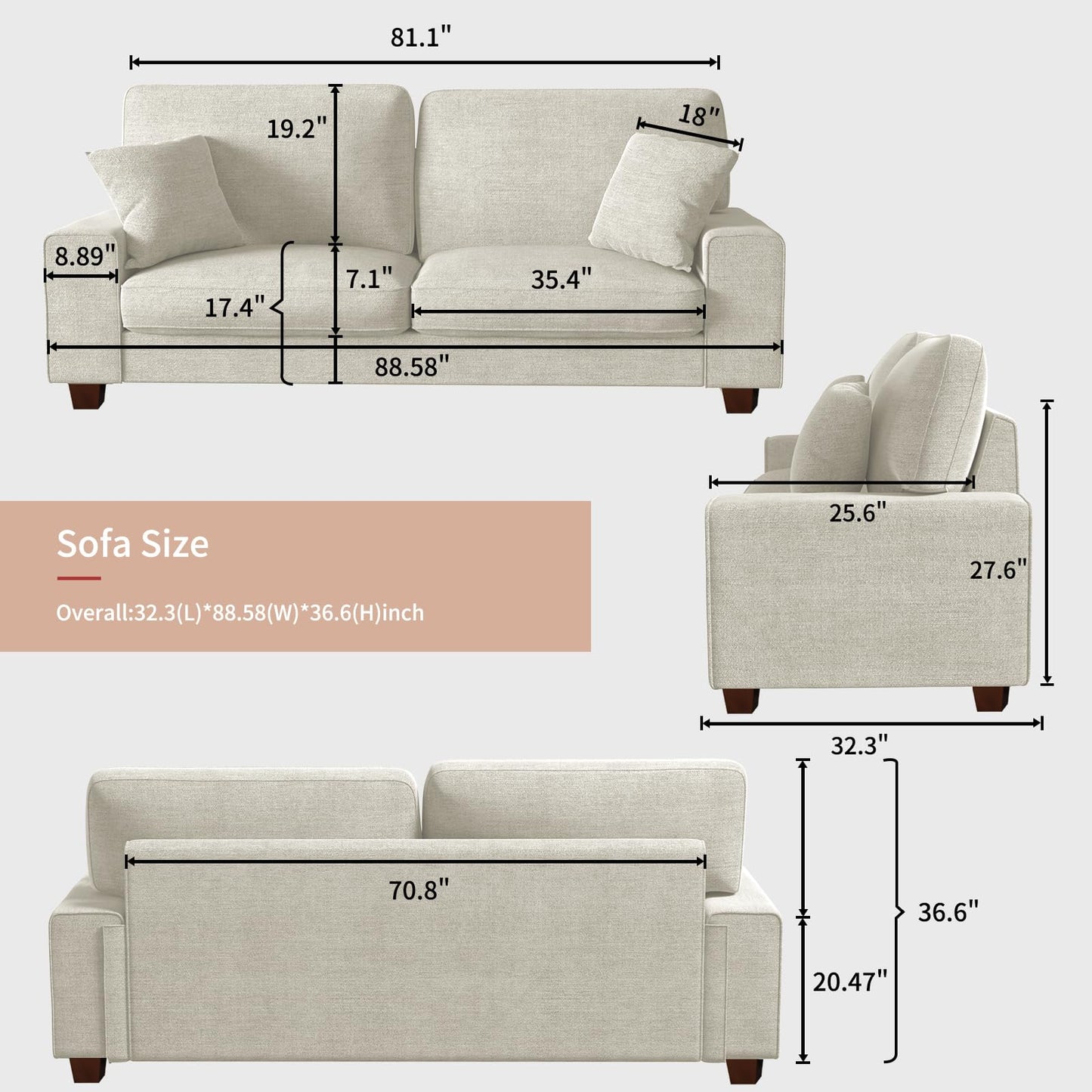 DOPEDIO Modern Loveseat Sofa for Living Room,Chenille Recliner, Removable Cover, Spring Cushions, Solid Wood Frame, Easy Assembly for Small Spaces (88.58inch，Beige)