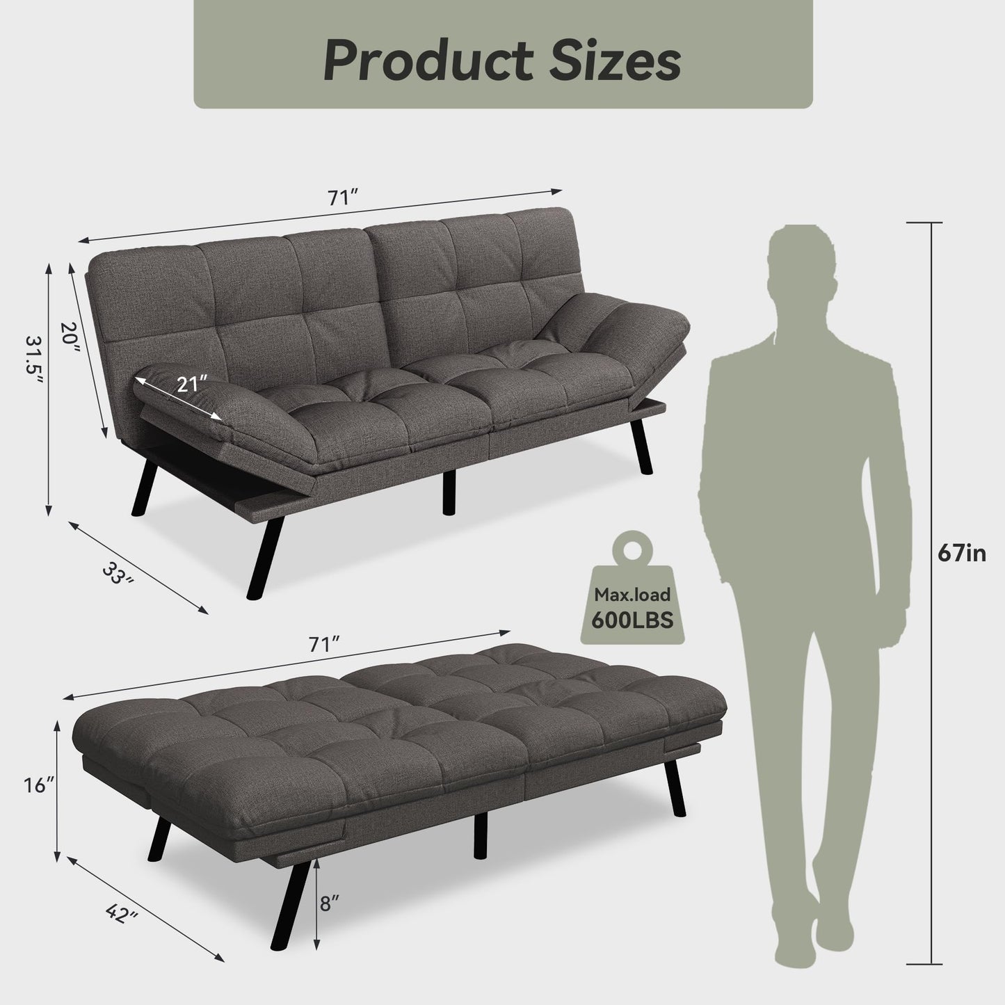 AMICLIBER Convertible Futon Sofa Bed,71" Memory Foam Futon Couch,Detachable Cushion,Adjustable Backrest & Armrest,Linen Modern Loveseat Sleeper Recliner for Living Room,Office,Apartment,Classic Grey