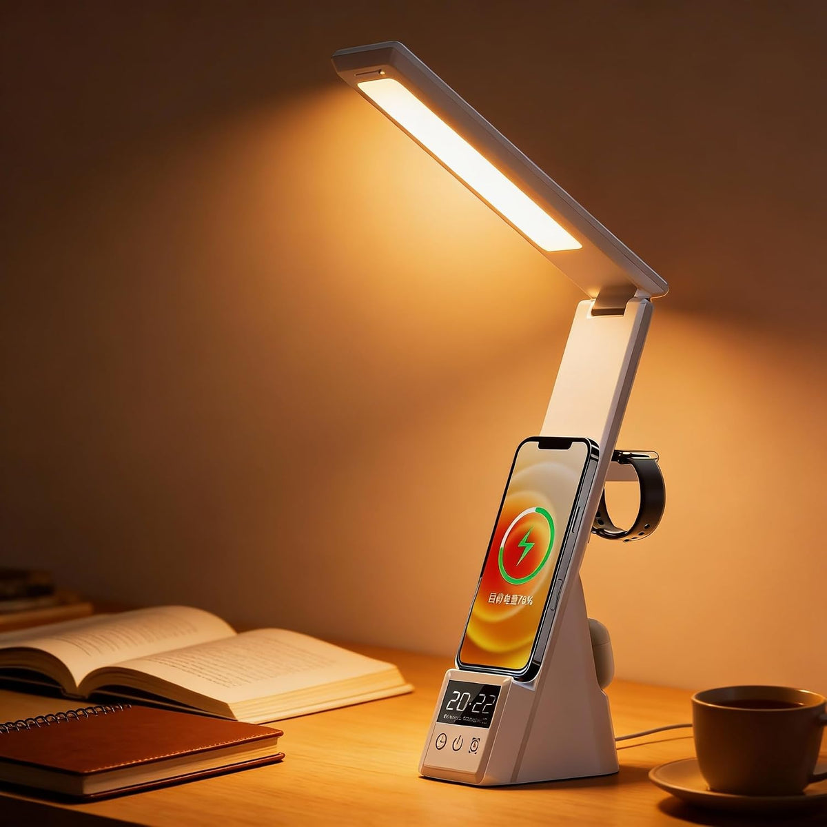 Multi Functional Table Lamp,Multifunctional Foldable Desk Lamp with Wireless Charging, Perpetual Calendar Display, Adjustable Angle, Night Light, and RGB Lighting,U20 White.