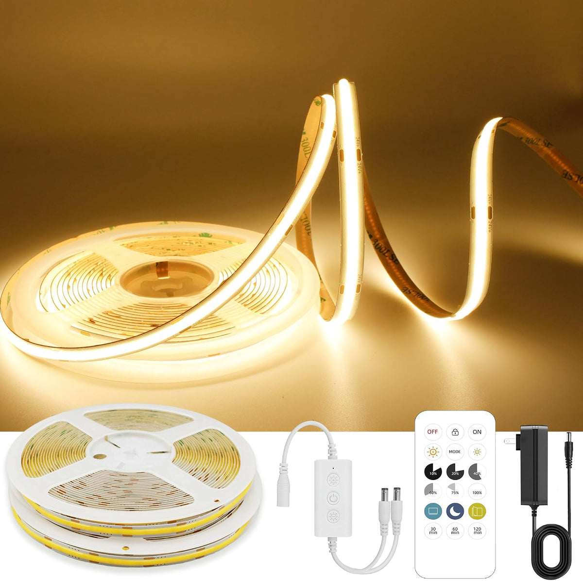 AXMOTUT 65.6ft COB LED Strip Light Natural White, High Bright LED Strips with 320LEDs,RF Remote and UL Power Supply,4000K Dimmable LED Lights for Bedroom,Kitchen,DIY Home Decoration, 2 Rolls of 32.8ft
