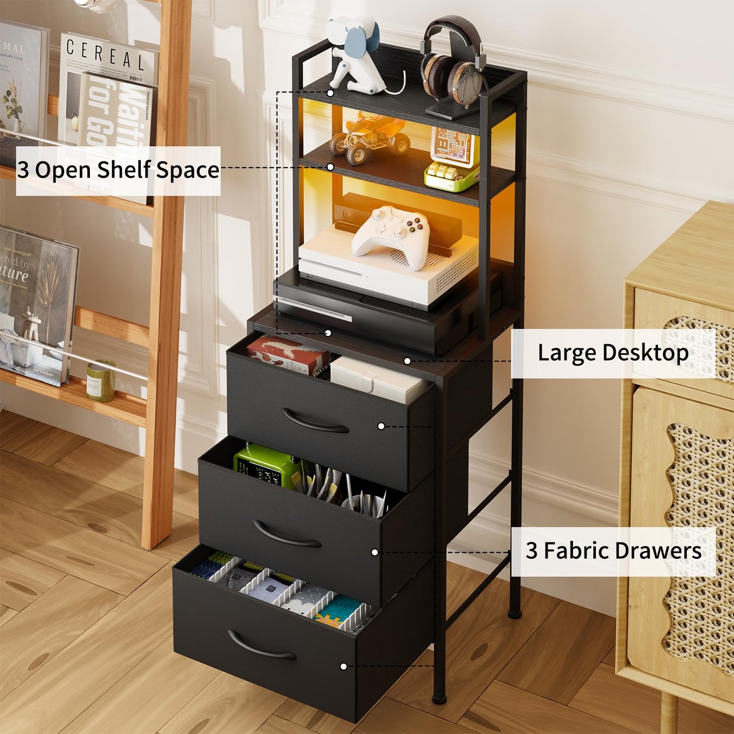 Fixwal 41 Inch Tall Nightstand with Charging Station, Led Night Stand with U-S-B Port & Socket, 3 PU Finished Fabric Storage Drawers, Office, Bedside Table & Bookshelf in One, Black