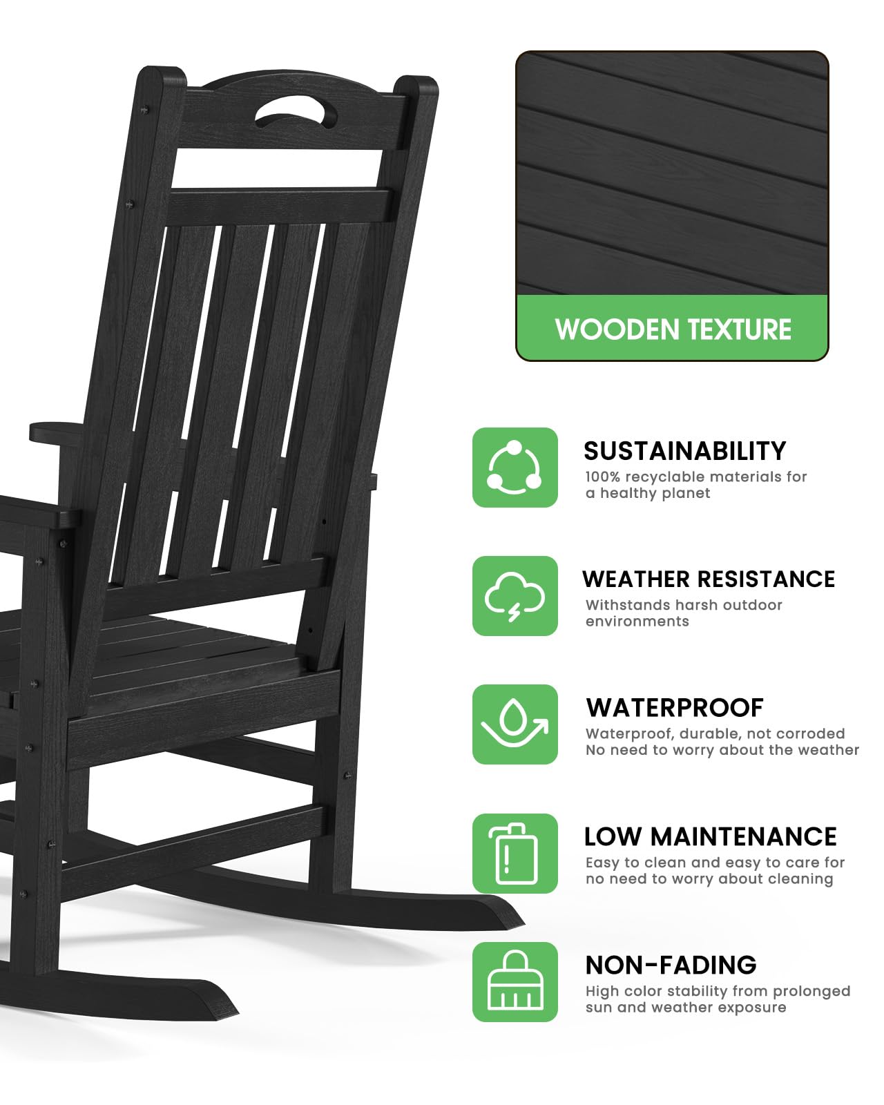 SUUNYN Oversized Outdoor Rocking Chair, High Back Porch Rocker Chair, HDPE All Weather Resistant Rocking Chairs for Patio, 380lbs Weight Capacity, Black