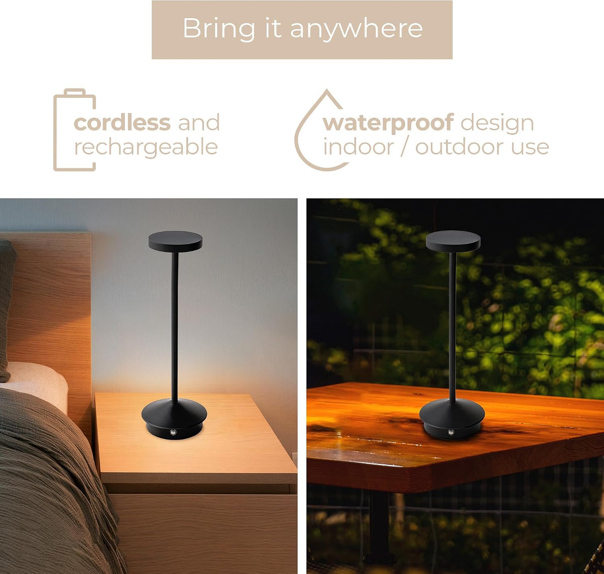 Orbit LED Cordless USB-C Re-Chargeable Desk Lamp, 5200mAh Battery Operated with 3 Color Temperature 2700K-3000K-3500K and Fingertip Touch On/Off Plus Dimming in Black (Pack of 2)
