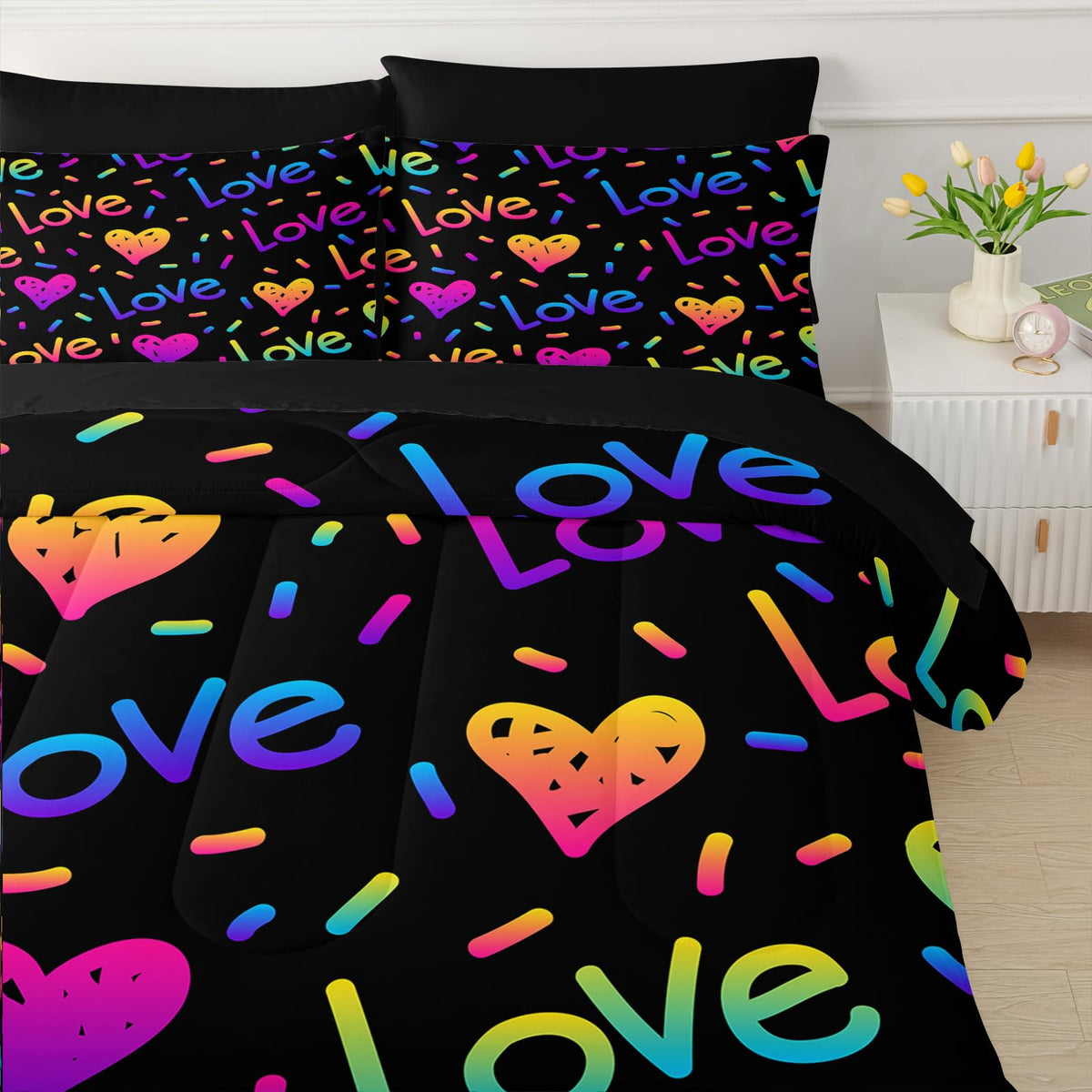 QOOMO Kid Twin Comforter Set 7 Piece Colorful Love line Bedding Set for Boys Girls Super Soft Microfiber Bed in a Bag with Comforter Sheets Pillowcase Sham（Black）