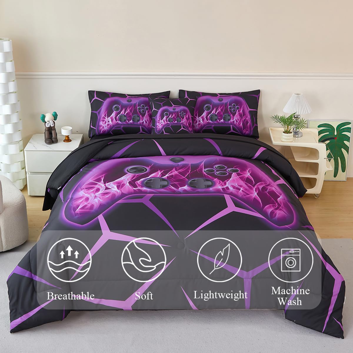 ZSYAYAHA Boys Comforter Set Twin 6 Pieces Gaming Bedding Set Black Purple Bed in A Bag Set Modern Video Games Bed Set for Kids Bed Decor(Purple, Twin)