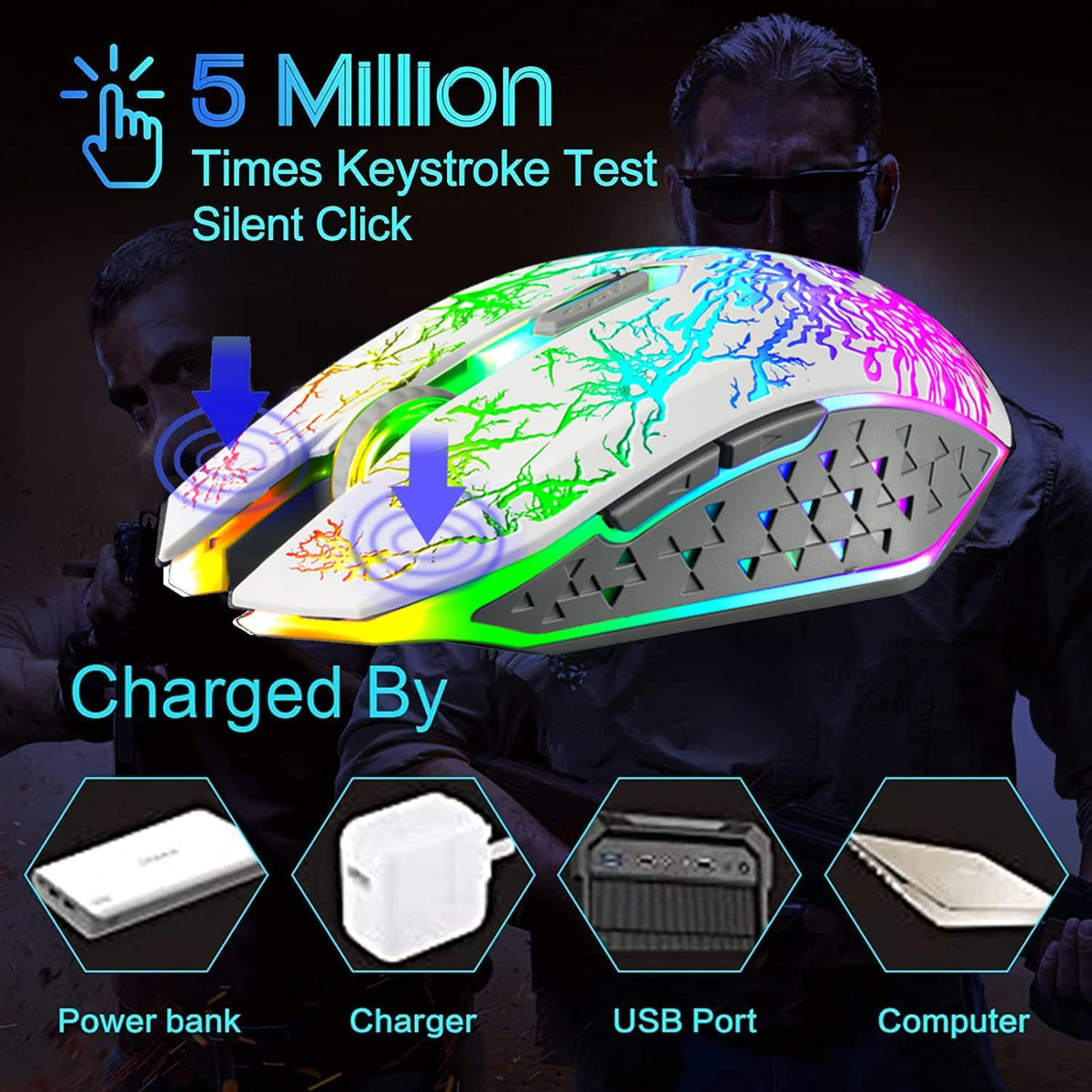VEGCOO Wireless Gaming Mouse, Rechargeable Gaming Mouse, Silent Optical Mice with 2.4G USB Receiver, 3 Level DPI, 6 Buttons, 7 Colors LED Lights for PC/Mac Gamer, Laptop and Desktop