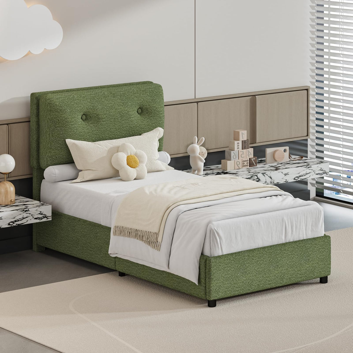 CHABUILDREARK Twin Bed Frames, Upholstered Boucle Platform Bed Frame with Headboard, Cloud Bed Frames with Soft Headboard, Wooden Slats Support, No Box Spring Needed, Easy Assembly, Green
