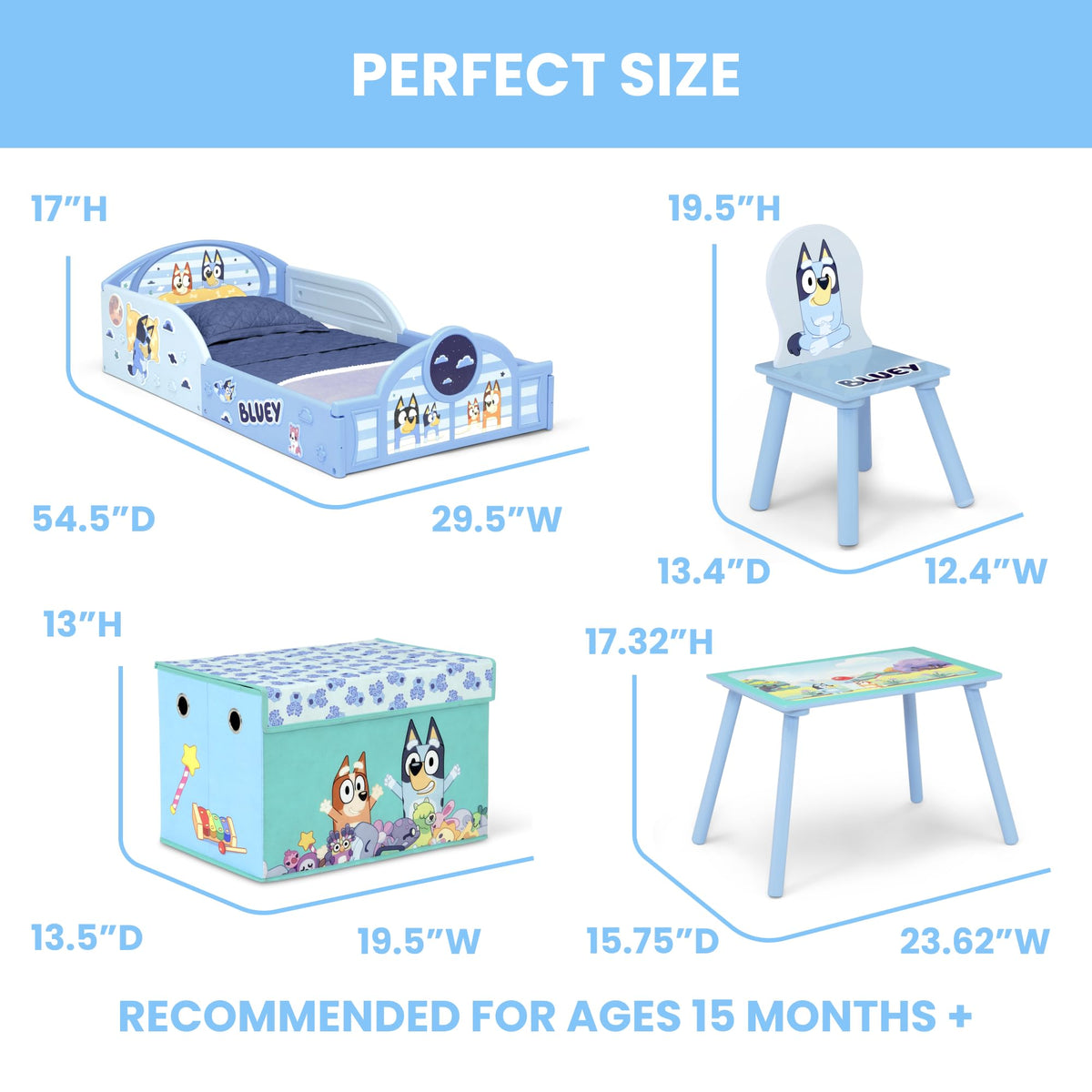 Delta Children - Bluey 4-Piece Toddler Room-in-a-Box Set – Includes Sleep and Play Toddler Bed, Table, 1 Chair and Fabric Toy Box, Blue