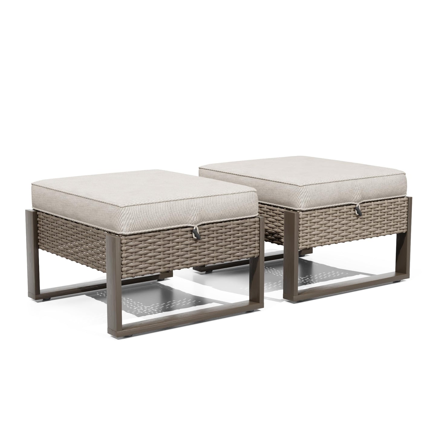 MaxMulti Patio Ottomans Set of 2, Outdoor Wicker Footrest with Thickened Cushions, Multipurpose Metal Patio Furniture for Outdoor, Backyard and Deck Use (Beige)