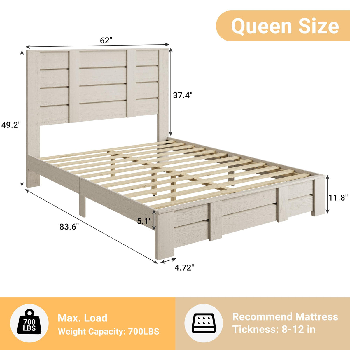 Mekminop Queen Size Wood Bed Frame with Tall Headboard & Footboard, Farmhouse Platform Bed with Solid Wood Slats Support, No Squeak, No Box Spring Needed (Beige Wood Grain)