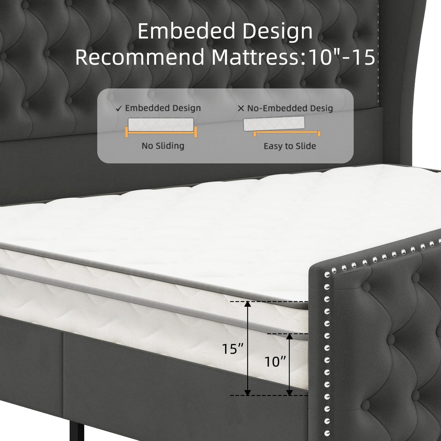 BRELTAM Upholstered Queen Size Bed Frame Velvet Tufted Platform Bed Frame with Wingback Headboard & Footboard, with Deep Button Tufted & Nailhead Wooden Slats Support, No Box Spring Needed,Grey