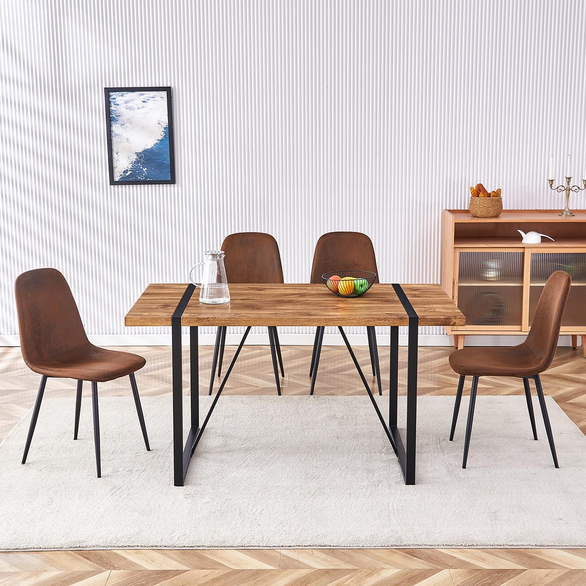 UELKS Dining Table Set for 4，Dinner Table Set for 4，55'' Kitchen Table and Suede Nap Fabic Chairs Set of 4, 5 Piece Dining Table Set for Kitchen Dining Room