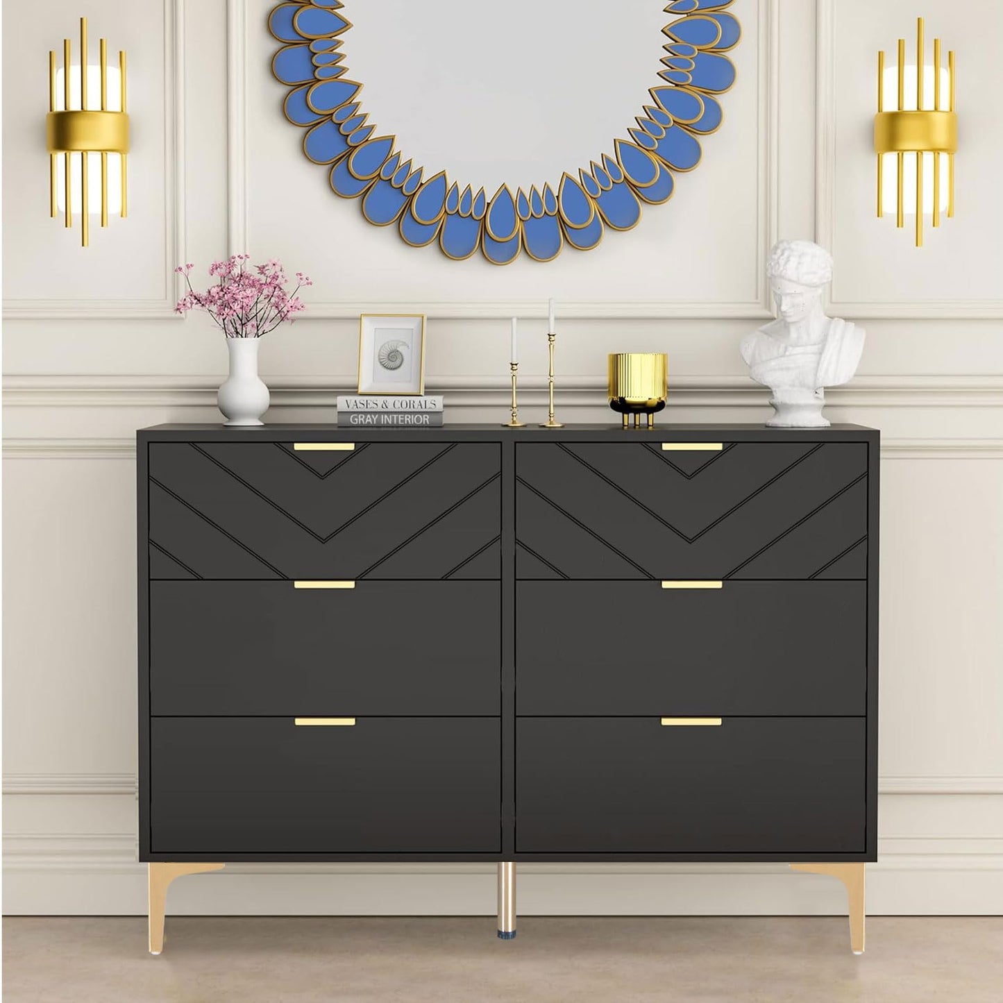 MAIYORIAT 6 Drawers Dresser for Bedroom, Modern Black Chest of Drawers Storage Chest Double Dresser Horizontal Dressers for Bedroom, Living Room, Entryway, Large Capacity (Black)