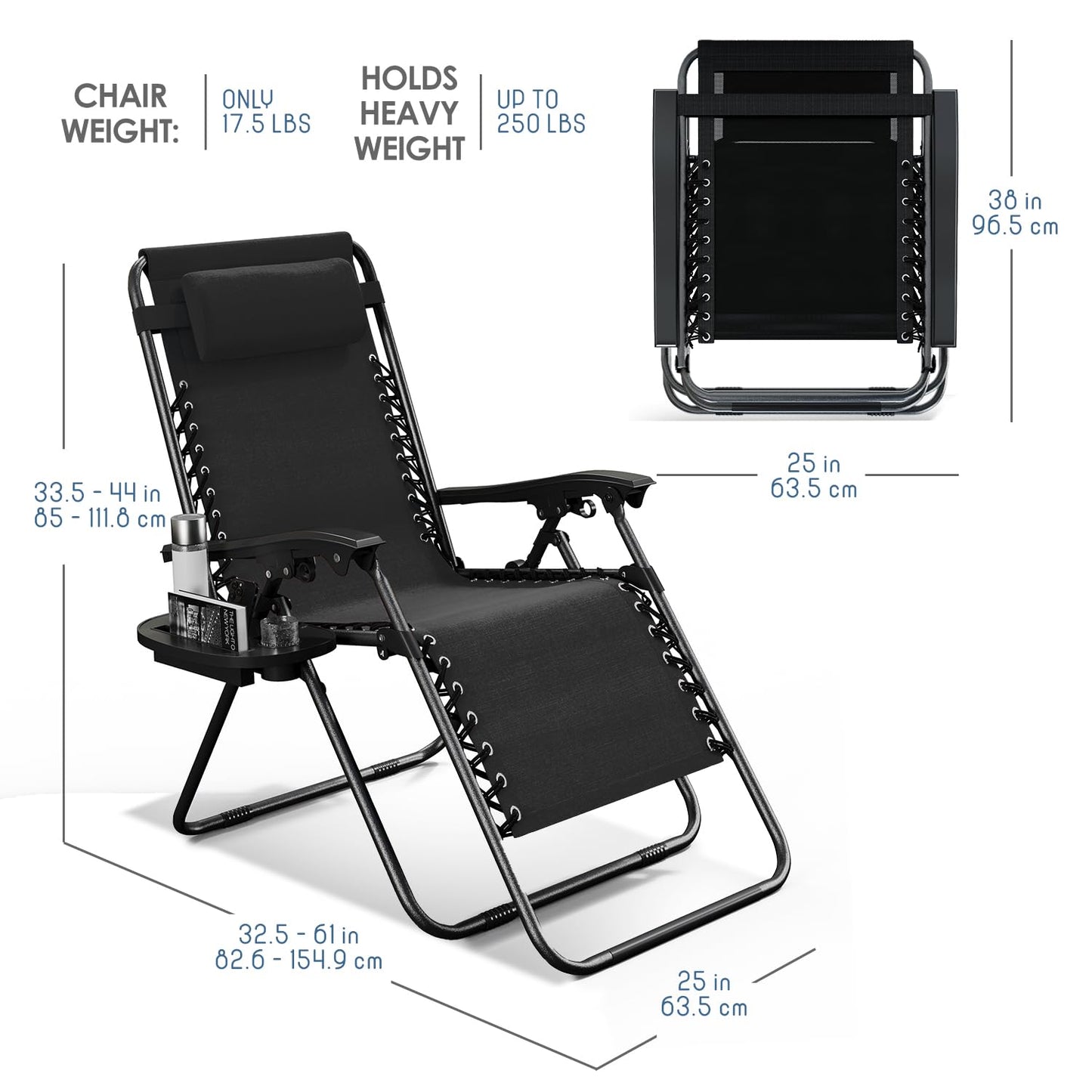 Nestl Zero Gravity Chairs Set of 2, Patio Lounge Chair Outdoor with Pillows & Cup Holder Trays, Adjustable Steel Mesh Reclining Camping Chair, Folding Patio Lawn Chair for Deck, Beach, Yard - Black