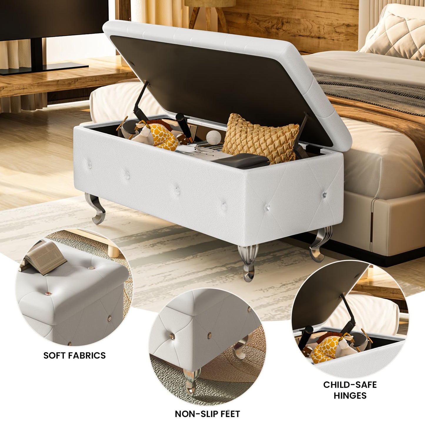 DKLGG Storage Ottoman Bench for Bedroom, Upholstered Entryway Bench with Legs & Safety Hinge, Small Storage Bench for Living Room/End of Bed/Entryway/Window, White