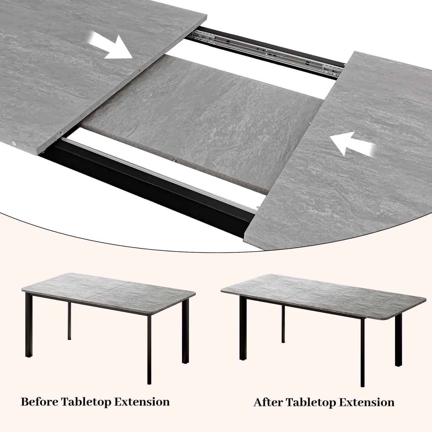 HIPIHOM 63"- 78.7" Extendable Dining Table, Thickened Expandable MDF Wooden Kitchen Table with Metal Legs, Scratch-Resistant, Easy to Clean