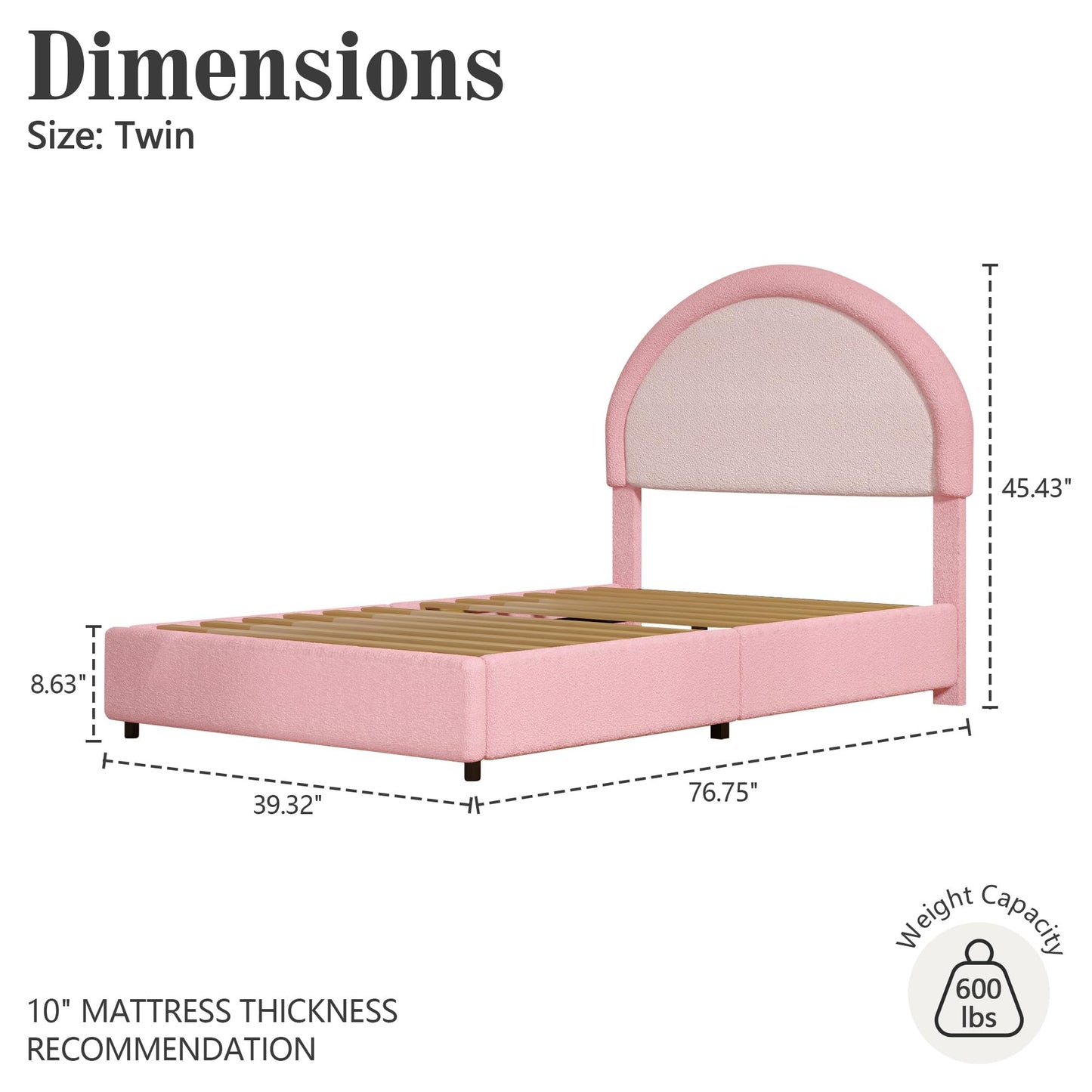 Twin Boucle Bed Frame, Boucle Upholstered Platform Bed Twin Size with Headboard, Pink Bed Frame for Girls Kids, Low Profile Bed, Rounded Corners, No Box Spring Needed, Dark Pink and Light Pink