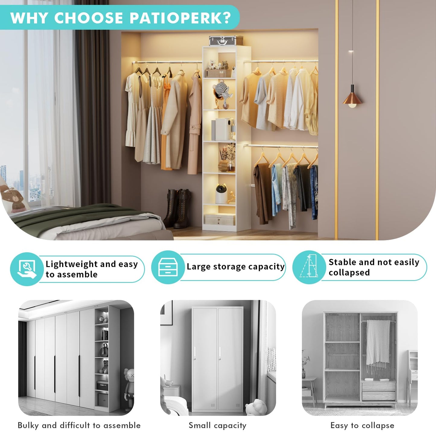PatioPerk Walk in Closet Organizer System - Built-in Garment Rack with 6 Shelves and 3 Extendable Hanging Rods, Wall Mounted Clothes Organizers Storage Systems for Bedroom