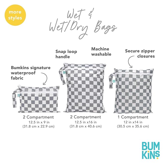 Bumkins Waterproof Wet Bag for Baby, Travel, Swim Suit, Cloth Diapers, Pump Parts, Pool, Beach, Gym Clothes, Toiletry, Hook to Stroller, Daycare, Zipper Reusable Wetdry Packing Pouch, Florals Gray