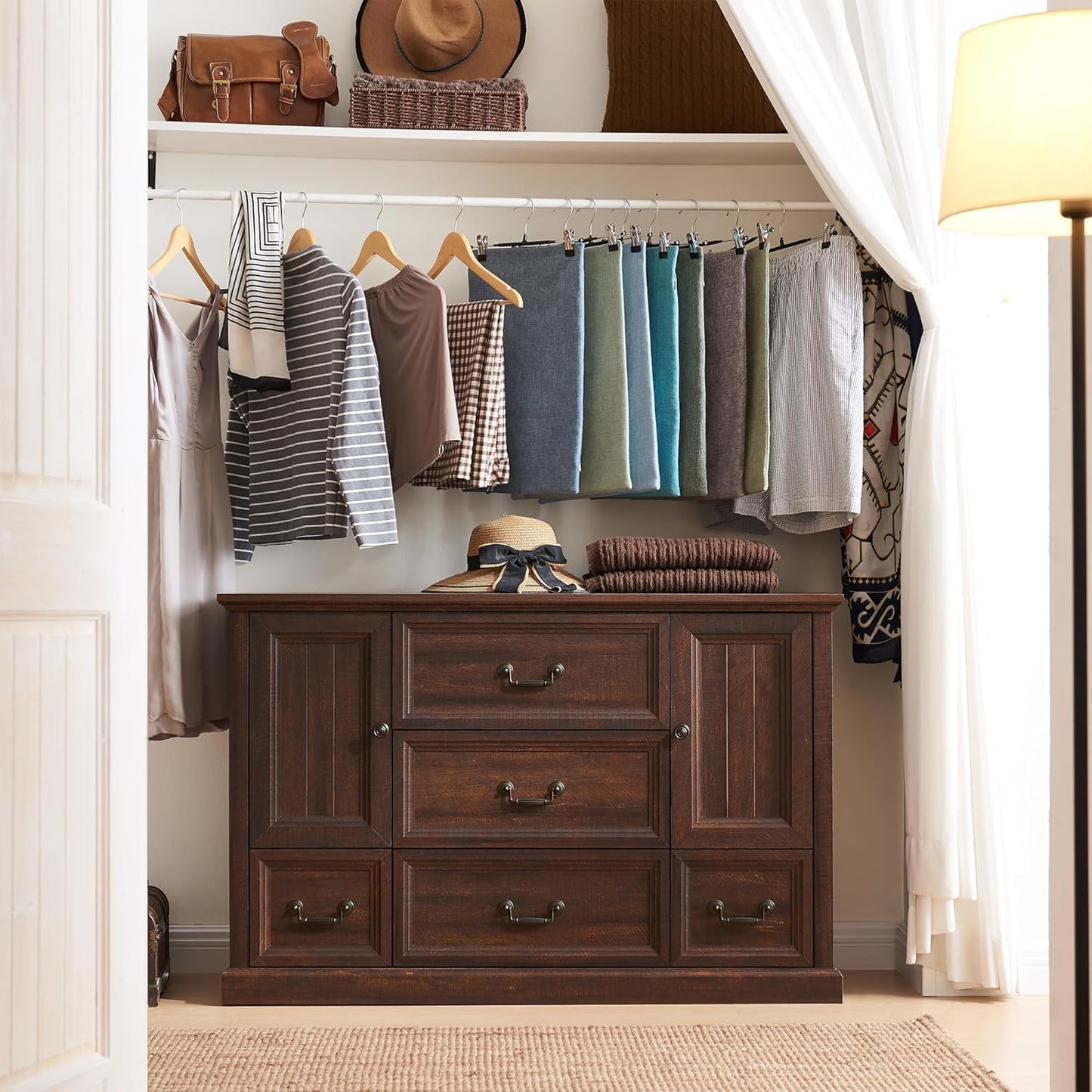 IFGET Farmhouse 5 Drawers Dresser for Bedroom, Wood Rustic Storage Organizer Closet Chest, Chest of Drawers w/Groove Barn Door&Shelf for Closet, Hallway, Living Room, Dining Room-Brown