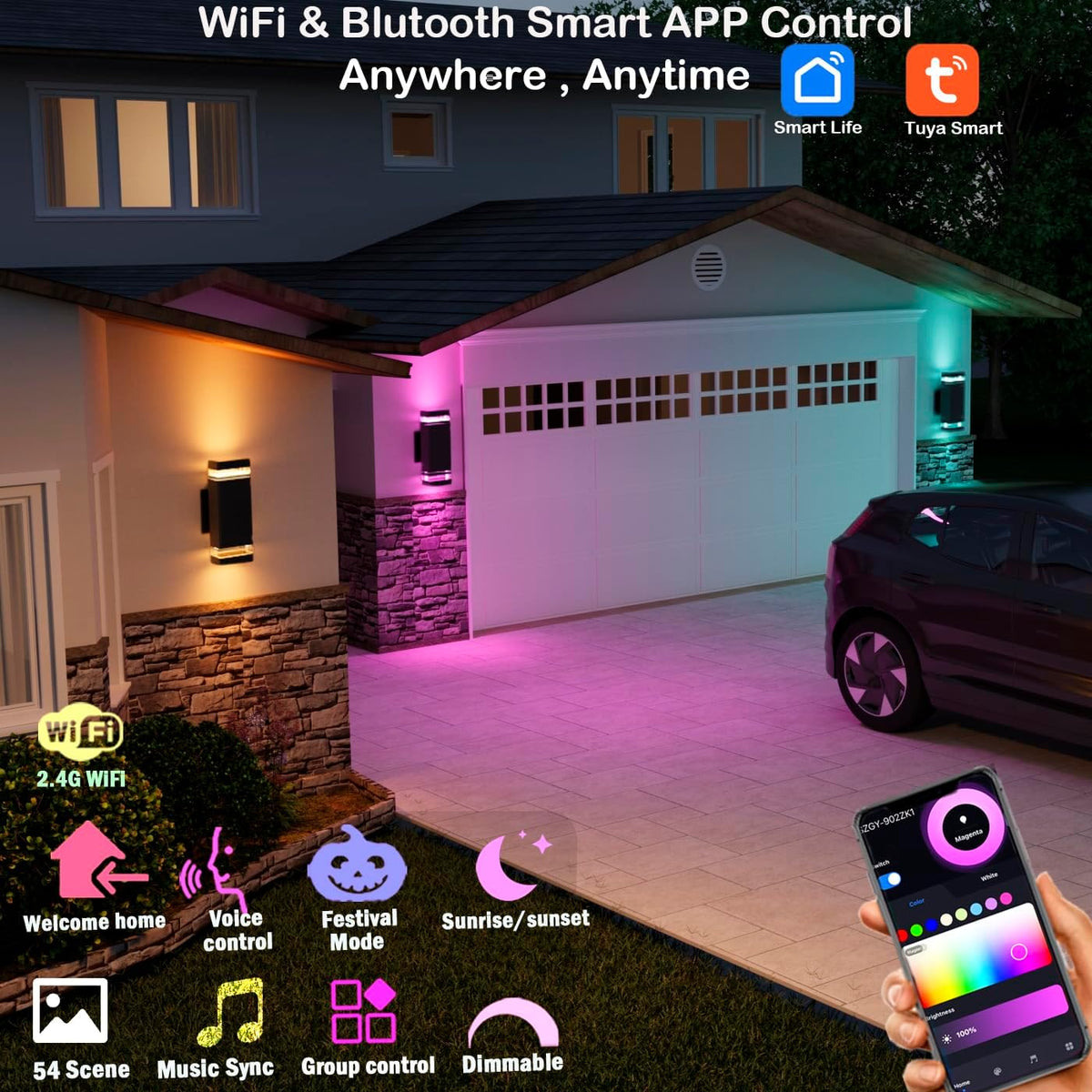 rosykite RGB+CCT Outdoor Wall Light 3 Pack, App Control Up Down Wall Sconce, Color Changing 2700K–6500K Exterior Lighting, Waterproof Aluminum LED Porch Lights for Garage Patio Front Door (3 Pack)
