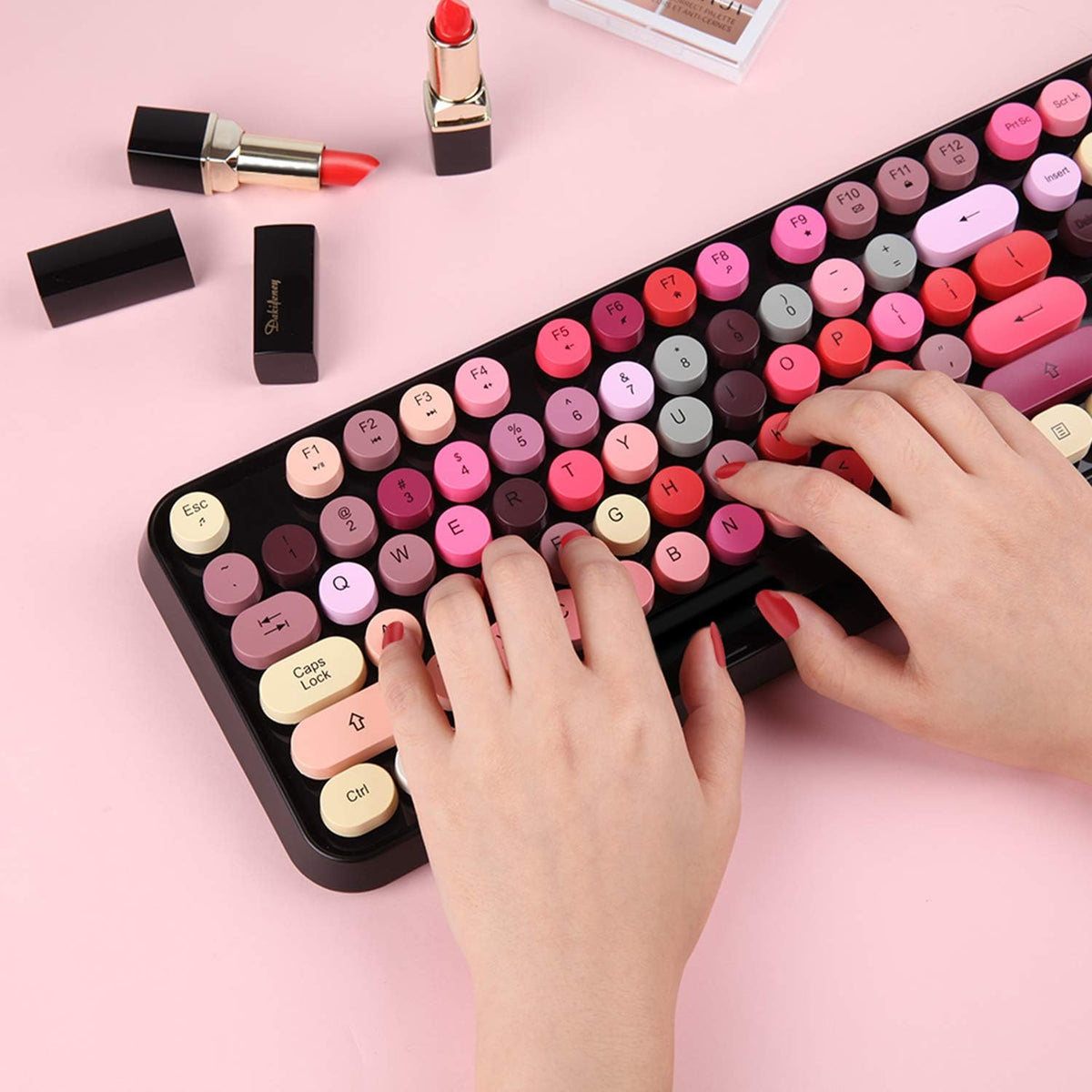 Wireless Keyboard and Mouse Combo,Creamy Retro Round Keys for PC Laptop