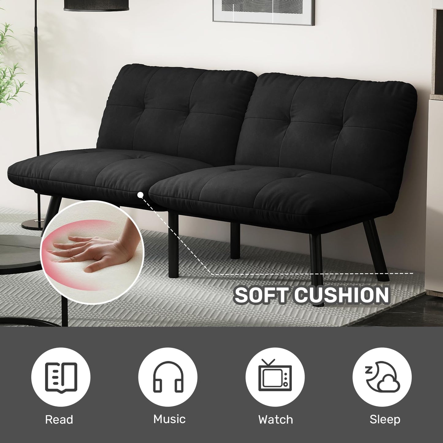 homeokay Futon Sofa Sleeper Couch Bed with Adjustable Backrest Thick Cushion Velvet Fabric for Department Living Room Lounge Sofa Loveseat (Black)