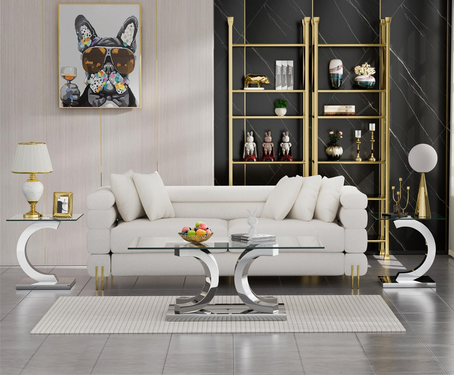 SSLine 1 Piece Living Room End Table Luxury Glass Side Table, Modern Silver End Table with C-Shape Stainless Steel Pedestal Base for Living Room Bedroom Office (1 End Table)