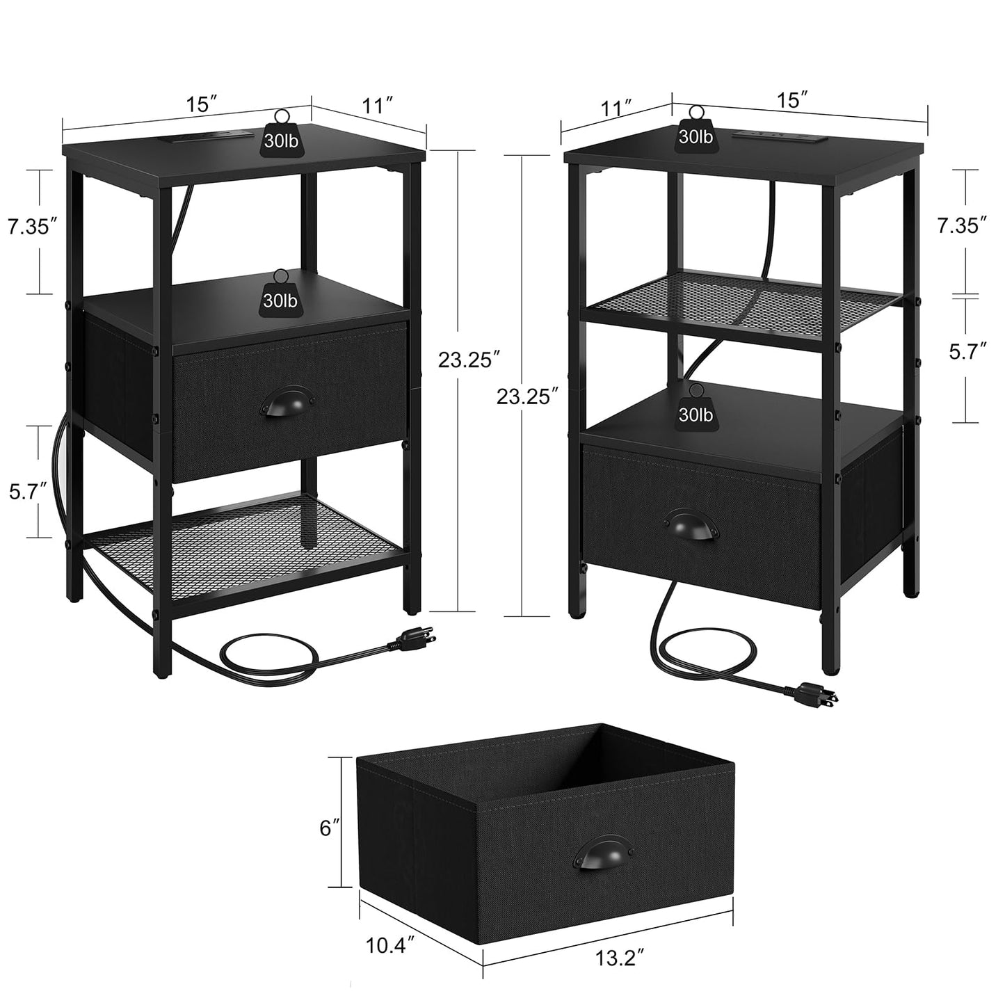 Sthmec Nightstands Set of 2, LED Bedside Tables with Charging Station and Fabric Drawer, Night Stand with Storage, 3 Tier Side Table with Open Shelf, LED Nightstand with Charging Station, Black