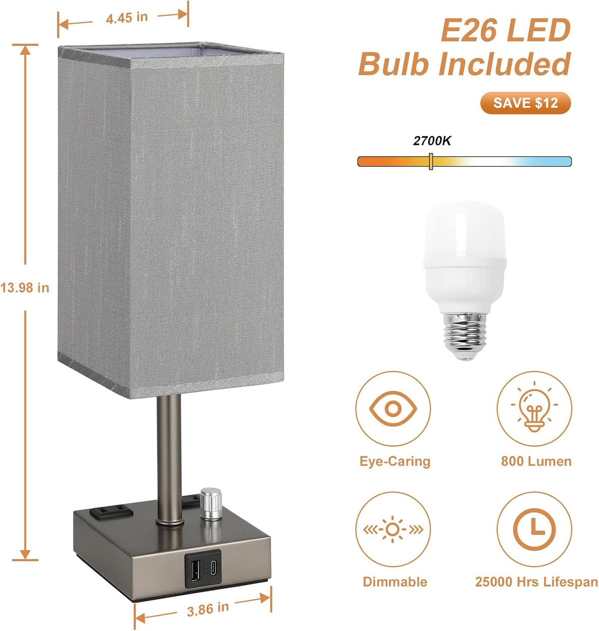 aooshine Grey Fully Dimmable Nightstand Lamps Set of 2 - Table Bedside Lamp with USB C+A Charging Ports & 2 AC Outlets, Square Lamp Sets Linen Fabric Shade for Bedroom Living Room(Bulb Included)