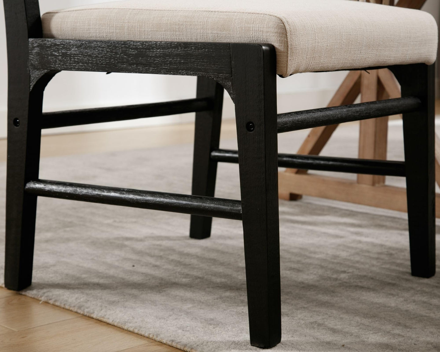 HNY Set of 4 Beige Linen Dining Chairs with Black Wood Frame, Modern Fabric Upholstered Kitchen Chair with Rectangular Back, Armless Wooden Kitchen & Dining Room Accent Side Chairs for Living Room