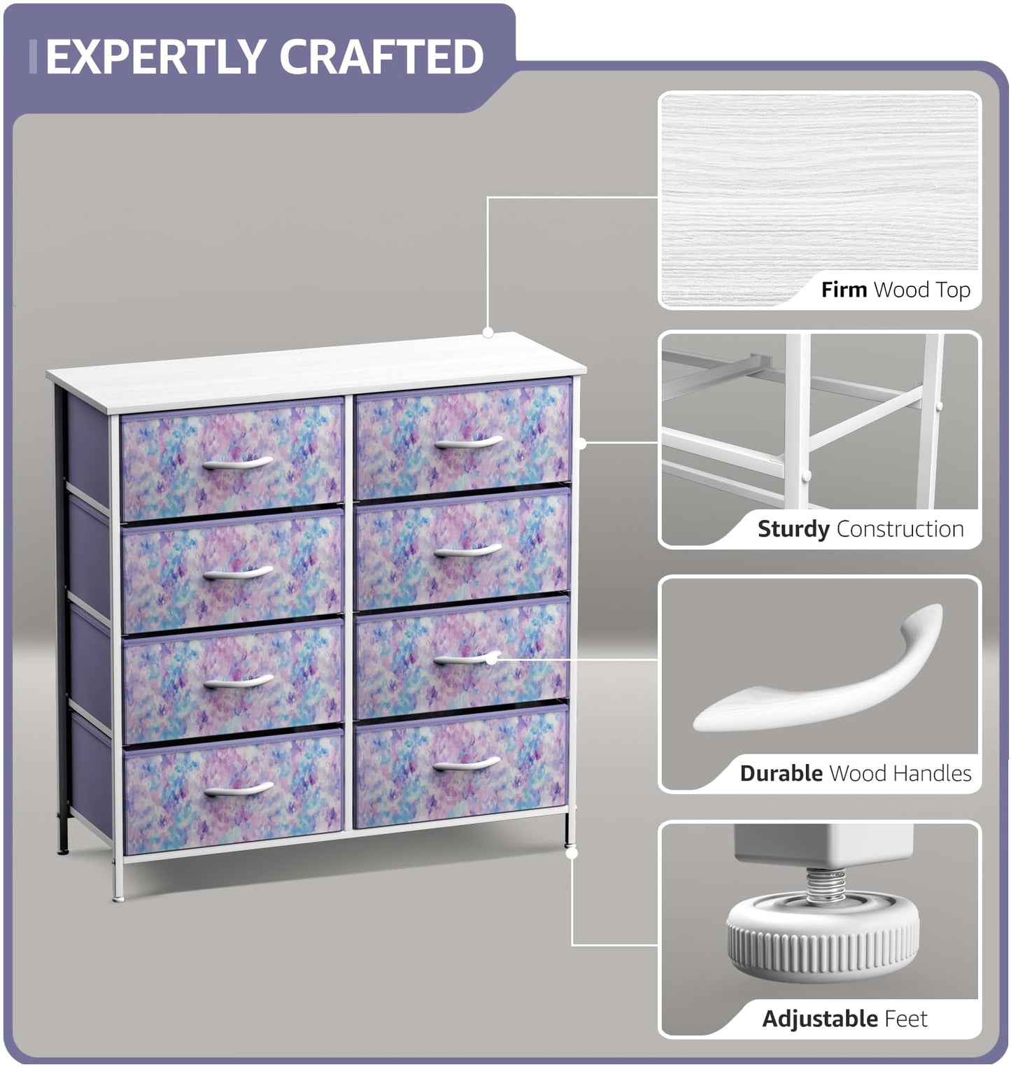 Sorbus Dresser with 8 Drawers - Furniture Storage Chest Tower Unit for Bedroom, Hallway, Closet, Office Organization Steel Frame, Wood Top, Easy Pull Fabric Bins (8-Drawer, Tie-dye Blue/Pink/Purple)