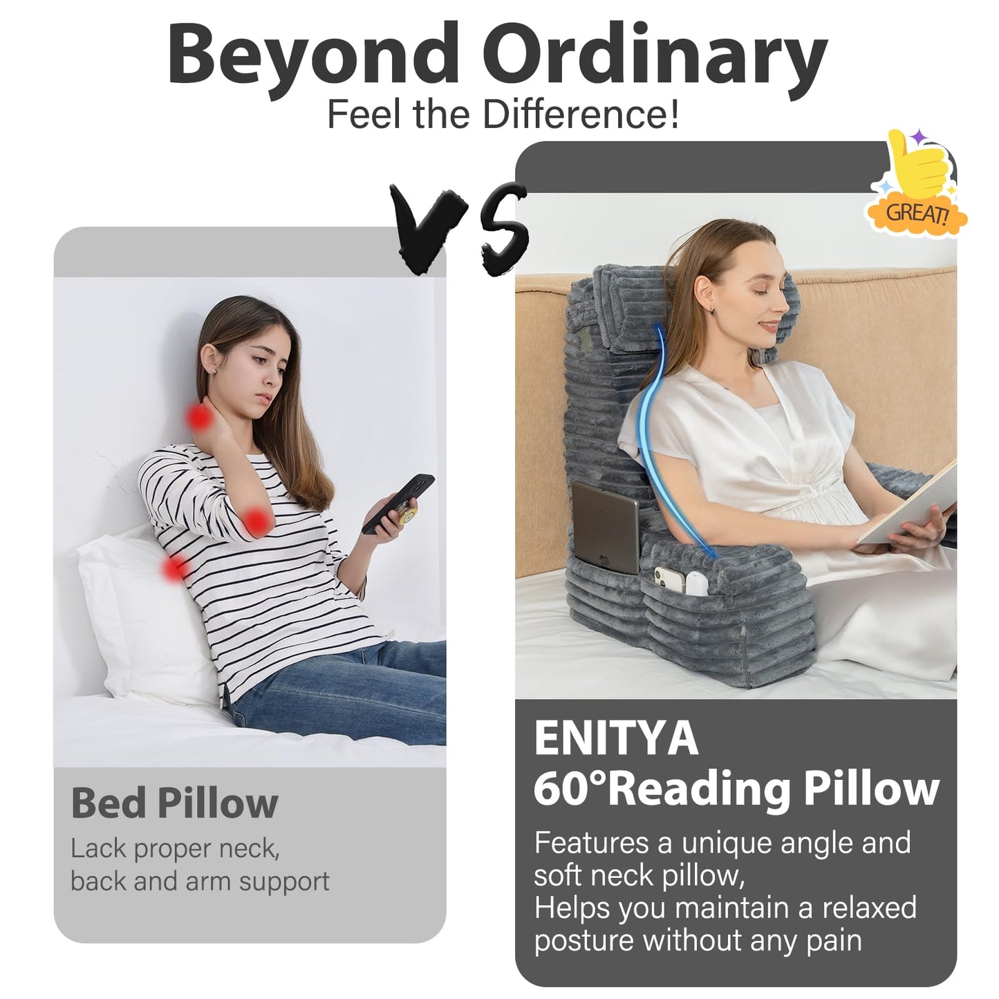 ENITYA Reading Pillow for Sitting in Bed Adult, XL Back Pillow for Bed Sitting up, Back Support Chair Pillow for Sitting up/Watching TV/Reading/Gaming/Resting/Post Surgery,Dark Grey