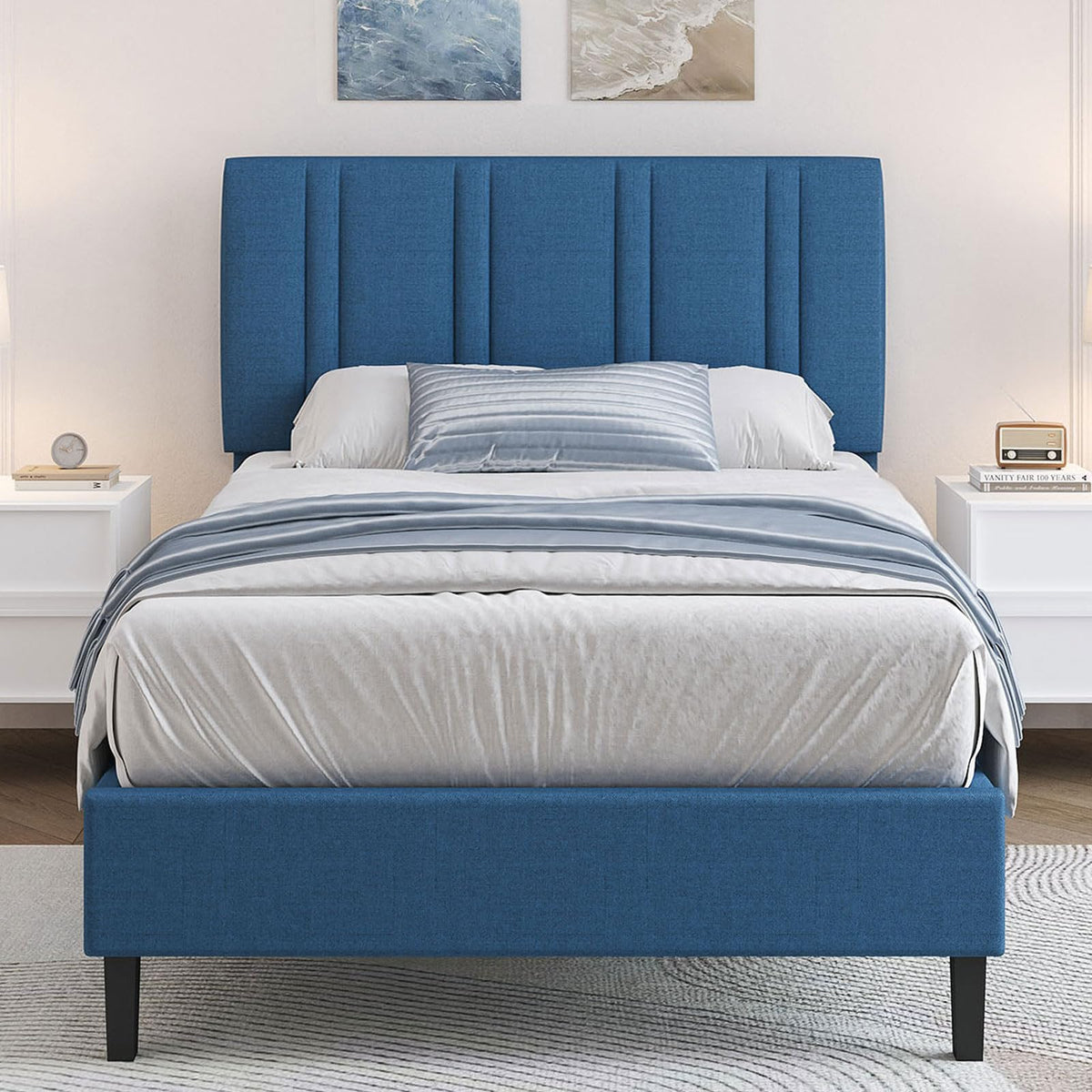 MaverickFurni Twin Bed Frame, Upholstered Platform Bed with Button Tufted Headboard, Blue Bed Frame Twin Size for Kids Girls Boys, No Box Spring Required, Easy Assembly, Blue