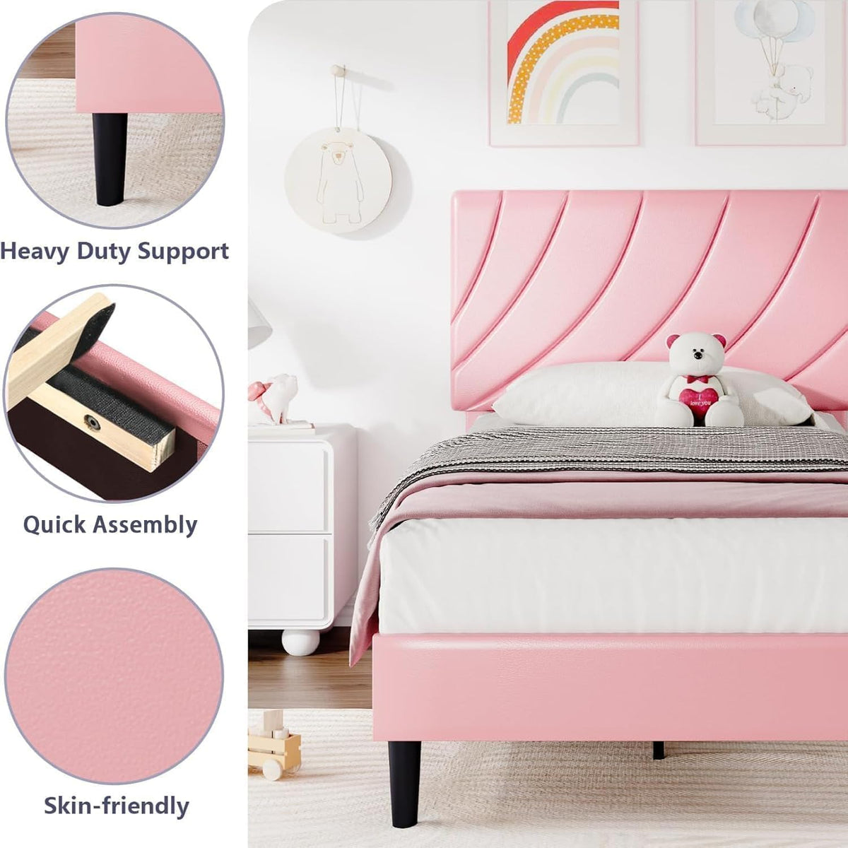HOMBCK Bed Frames Twin, Girls Twin Bed Frame with Headboard, Upholstered Platform Bed, Strong Wooden Slats, No Box Spring Needed, Easy Assembly, Pink