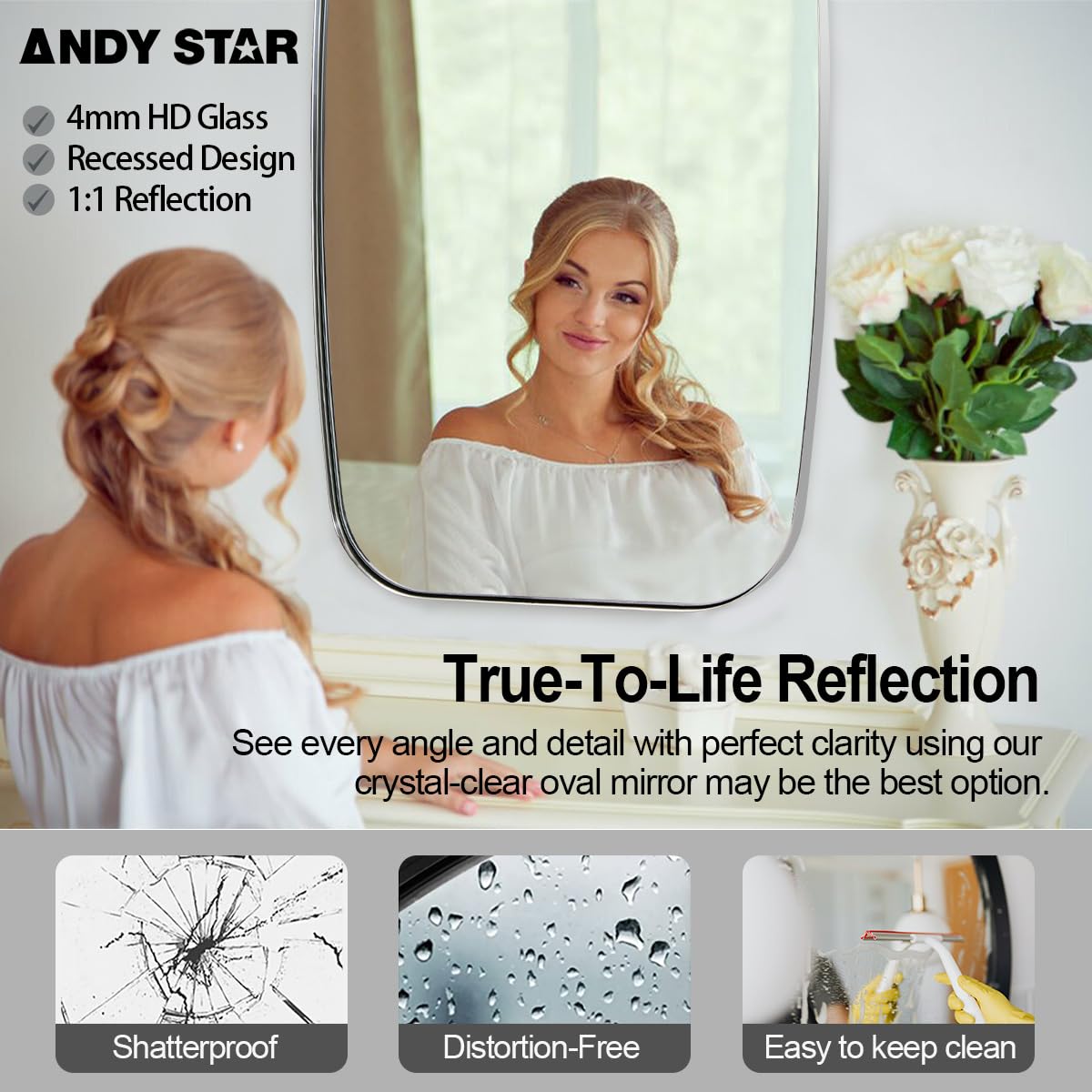 ANDY STAR Chrome Bathroom Mirror, 30x48 Inch Polished Chrome Oval Mirror for Bathroom with Stainless Steel Metal Frame, Oblong Mirror for Bathroom, Living Room, Entryway