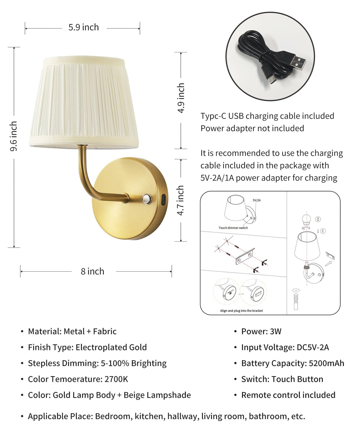 PUSU LED Cordless Gold Small Wall Sconces Set of 2, Rechargeable 5200mAh Battery Operated Fabric Wall Lamp with Remote, Lighting for Living Room, Bedroom, Hallway, Bathroom, Stairs, Kitchen, Cabinet