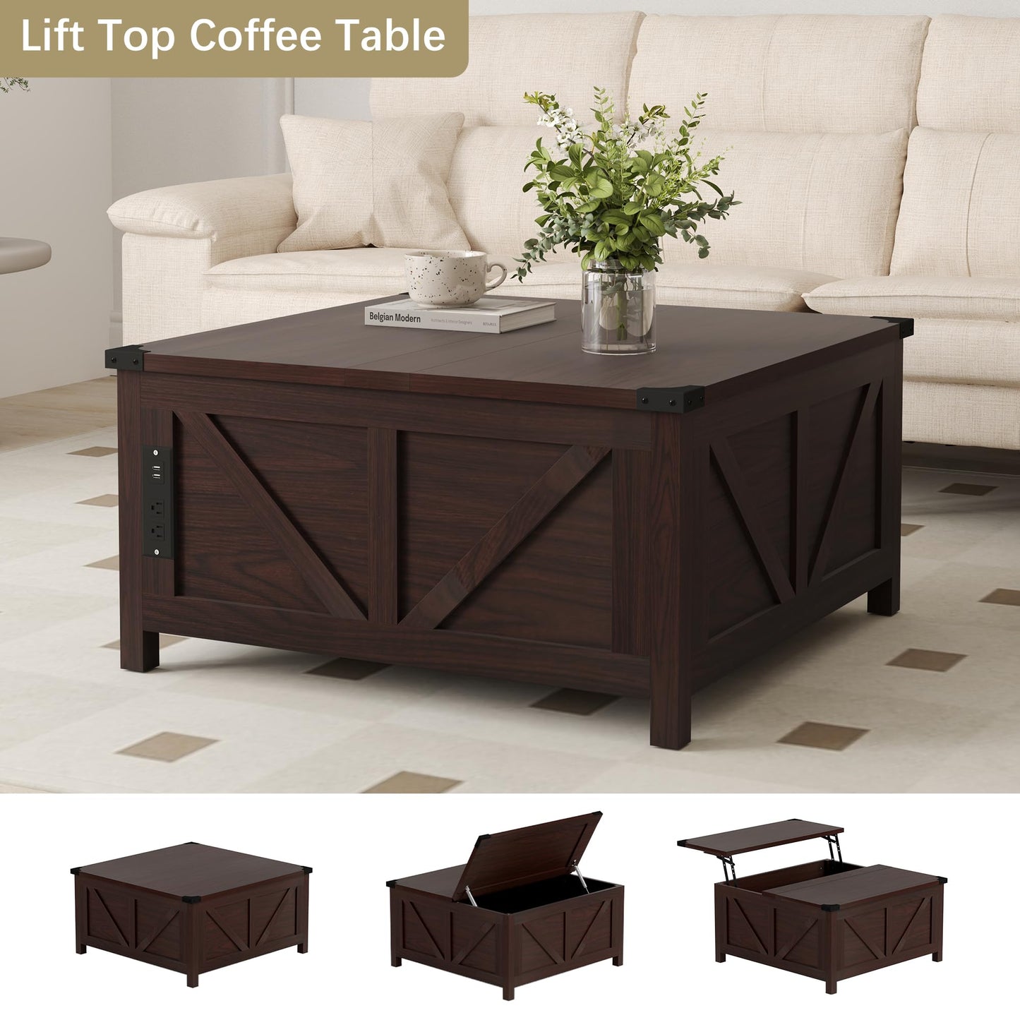 Otterease Farmhouse Coffee Table, 35'' Lift Top Coffee Table with Storage and Large Hidden Storage, Square Coffee Tables with Charging Station, Brown Coffee Tables for Living Room, Home, Office