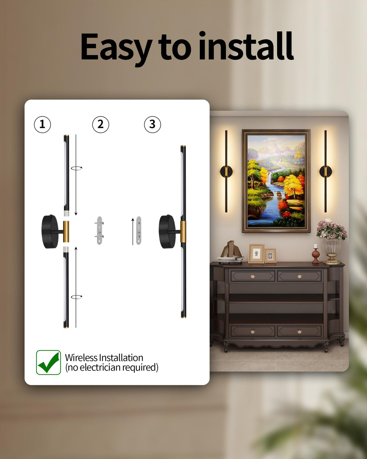 Battery Operated Wall Sconce Set of 2, 10000mAh Wireless Rechargeable Wall Lights with Remote, 24 Inch Dimmable 3000K-6000K LED Wall Lamps with Timer for Living Room, Bedroom, Black Gold, 350° Rotate