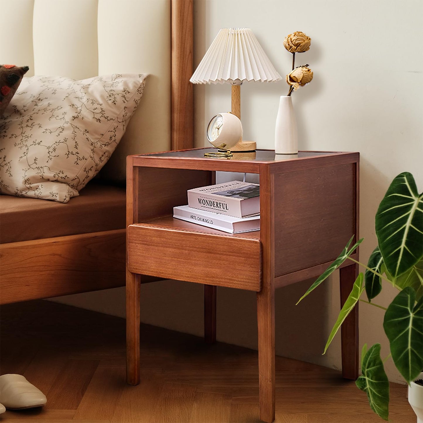 JIKUGO Mid Century Modern Nightstand with Tempered Glass Tabletop Bamboo Night Stand with Drawers Stand Storage Shelf Bedside Table End Tables for Bedroom Decor Furniture