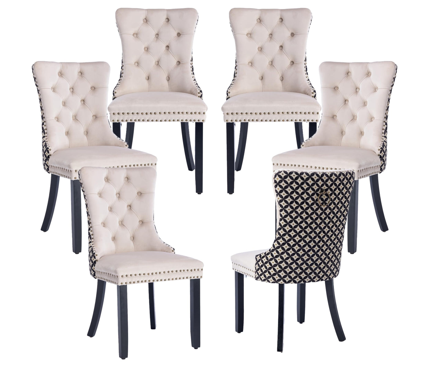 LKTART Velvet Dining Chairs Set of 6, Tufted Dining Room Chair with Nailhead Ring Pull Trim, Upholstered Dining Chair with Solid Wood Legs for Kitchen Dining Room Beige and Patterned