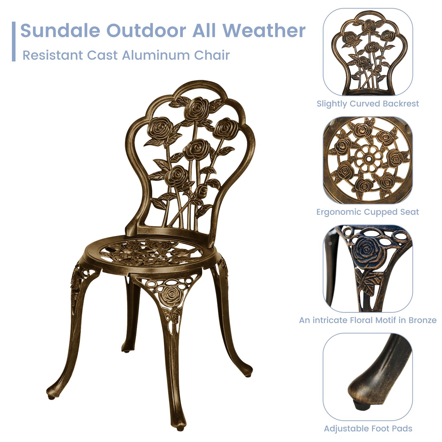 Aura Outdoor 3 Piece Patio Bistro Table Set, Outdoor Stylish Rose Flower Bistro Set with Umbrella Hole, Small Cast Aluminum Table and Chairs Set for Balcony Furniture, Dark Bronze